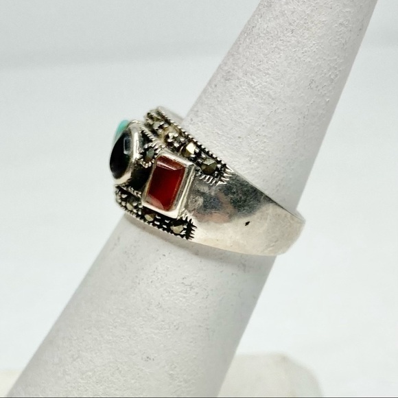 Sterling 925 Boho Marcasite Turquoise Blue Onyx Jasper Agate Ring Size 6 - Picture 10 of 14